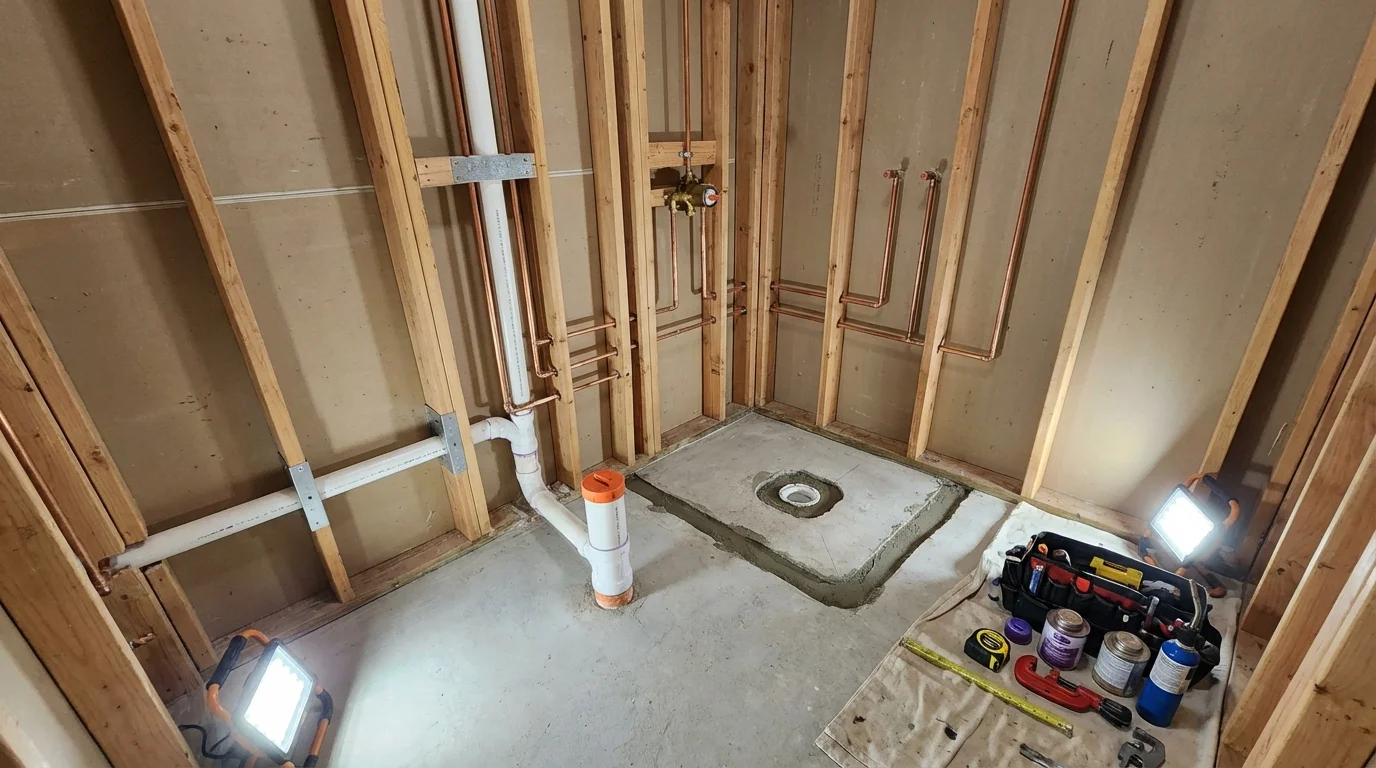 Bathroom rough-in plumbing during remodel by Johns Plumbing LLC in Lake Park