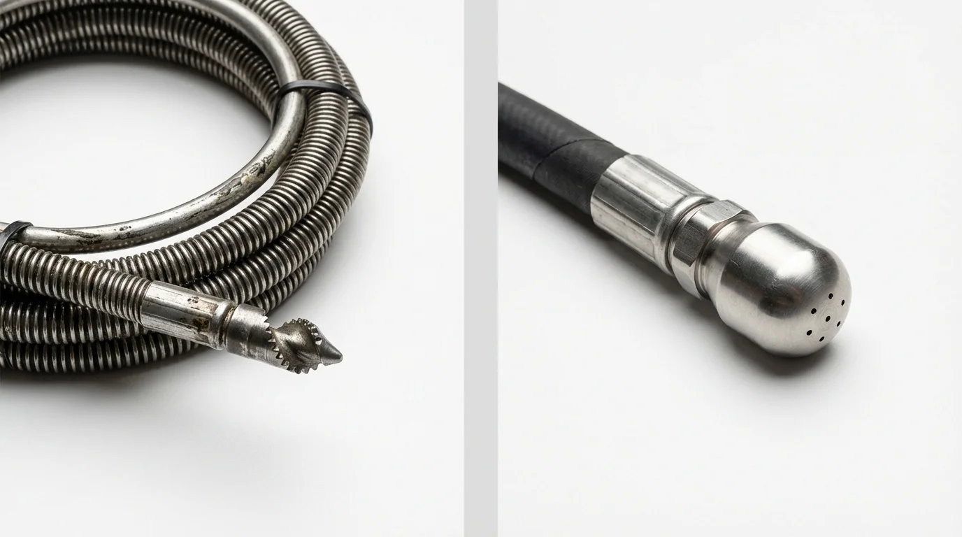 Drain snake cable and hydro jetting nozzle used for drain cleaning in Lake Park, IA