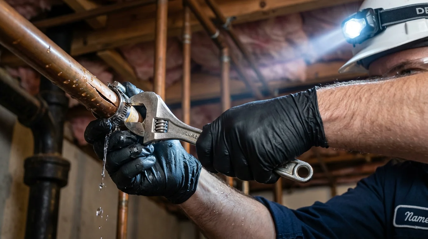 Emergency pipe clamp repair being performed by a Johns Plumbing LLC plumber in Lake Park