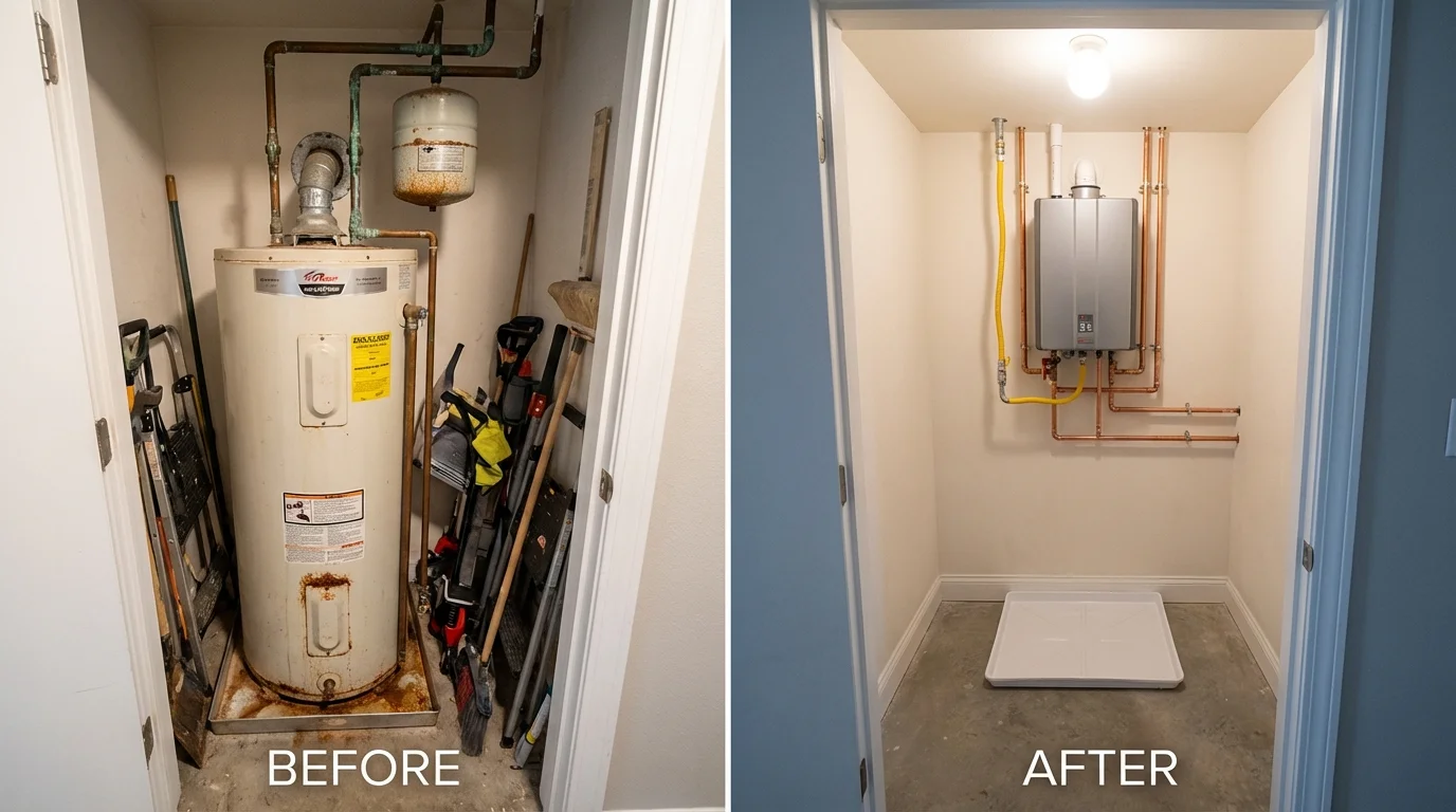 Tank water heater versus wall-mounted tankless unit comparison for Lake Park, IA homeowners