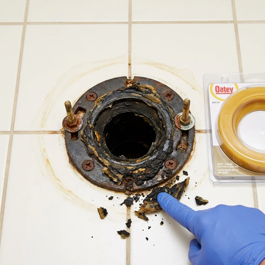 Failed wax ring showing water seepage at the base of a toilet in a Lake Park, IA home