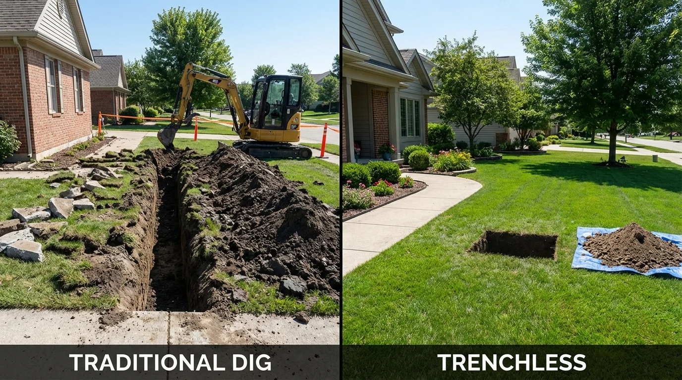 Trenchless sewer repair with minimal yard damage versus traditional excavation in Lake Park, IA