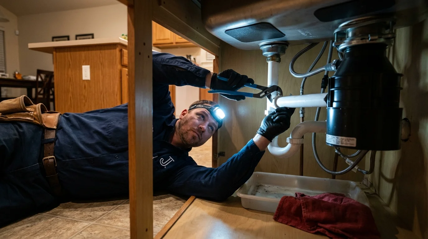 P-trap and supply line connections under a kitchen sink showing a common leak point in Lake Park, IA